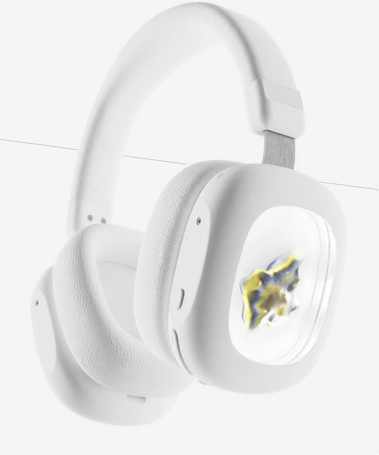 Ferrofluid headphones with a white exterior and a transparent display showcasing colorful fluid movement inside.